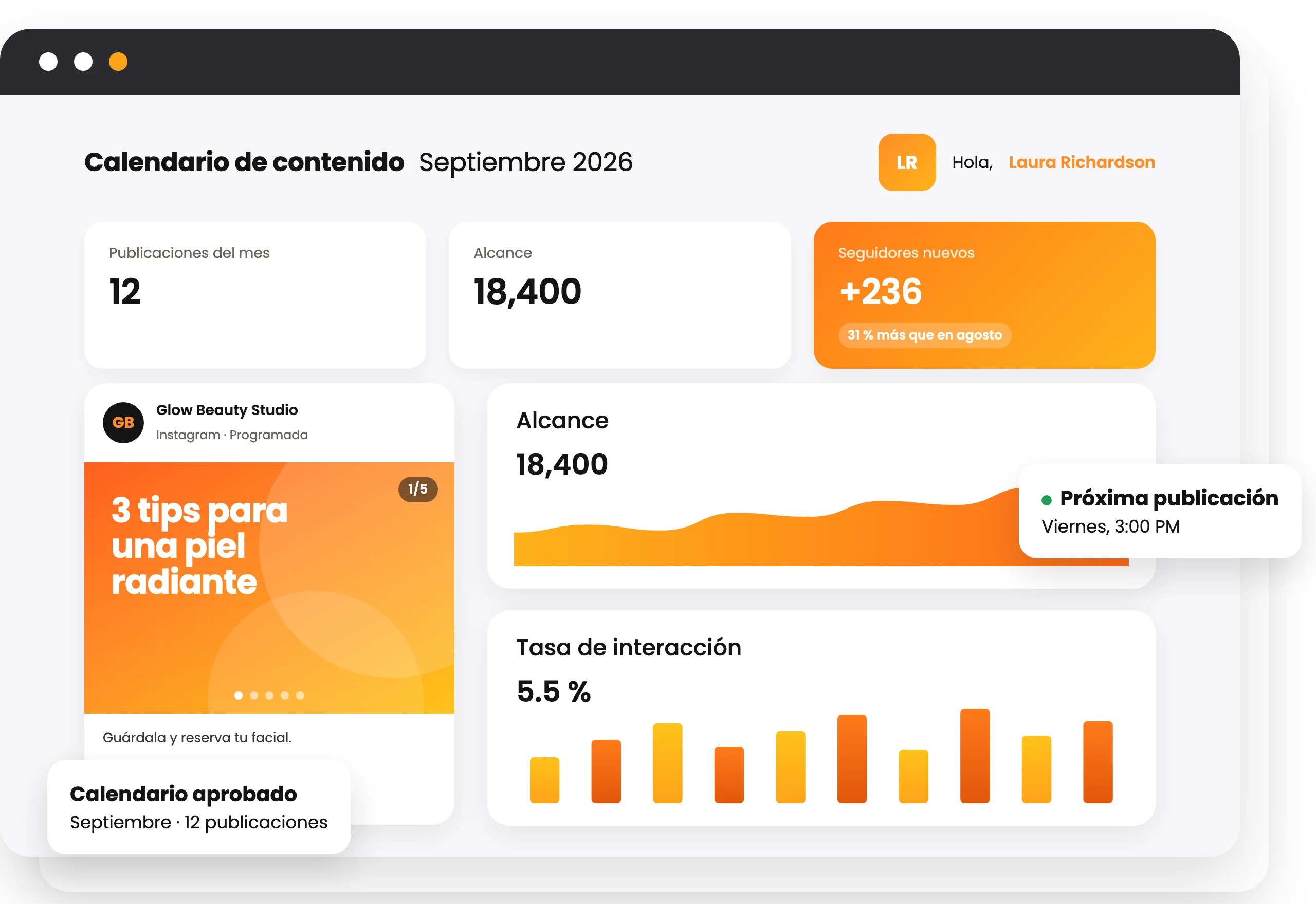 Calendario de contenido e informe mensual de redes sociales