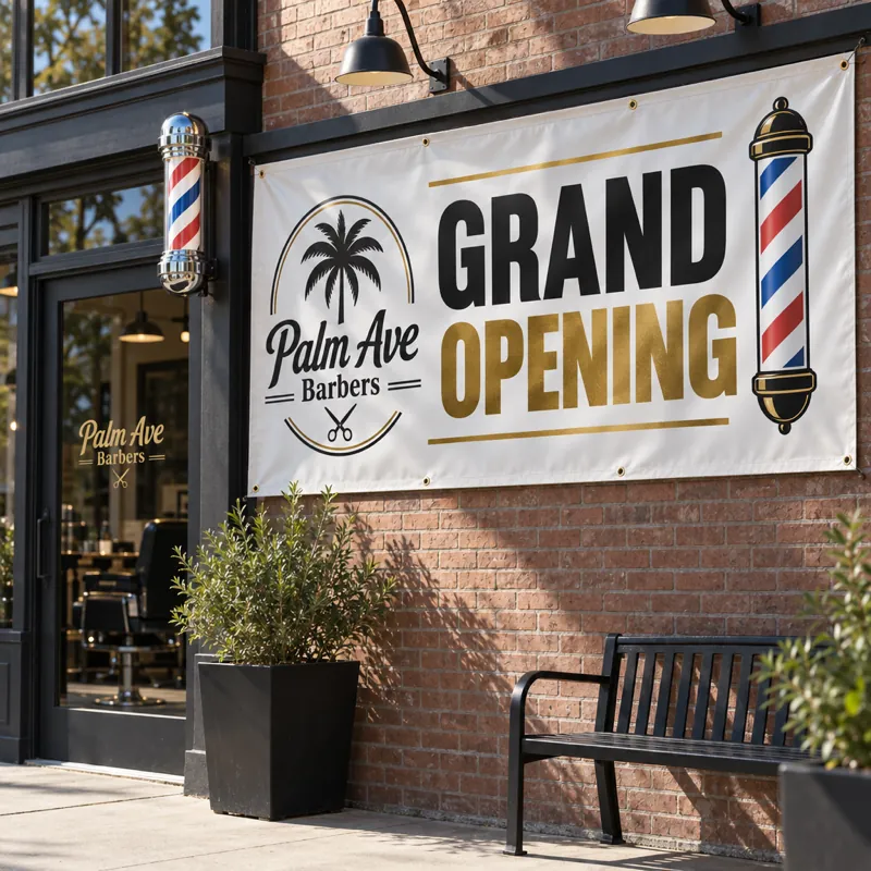 Grand opening banner for a barbershop