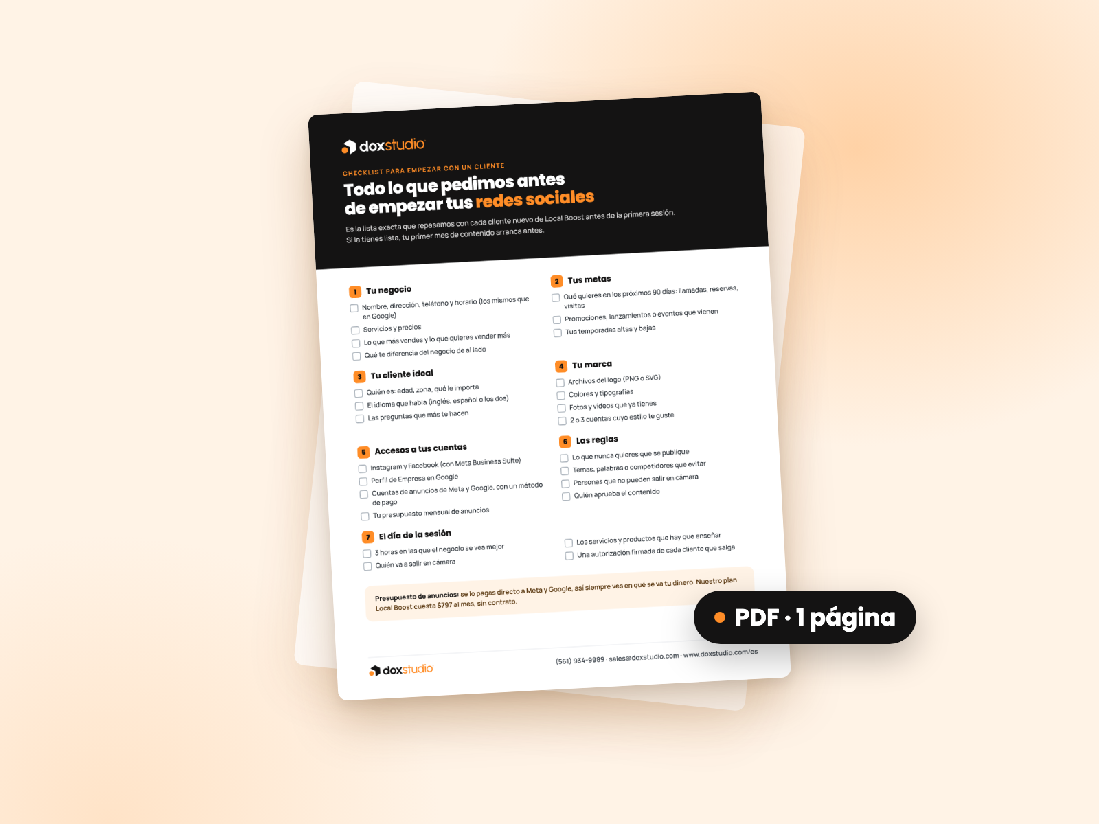 Checklist de Dox Studio para empezar tus redes sociales, PDF de una página